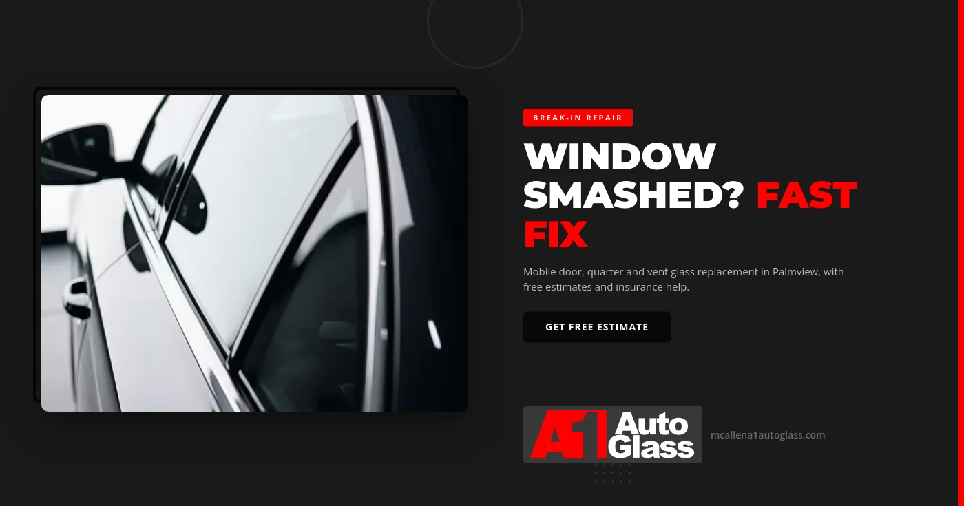 A technician fitting a new door window into a car parked in a Palmview, Texas driveway after a break-in shattered the side glass.